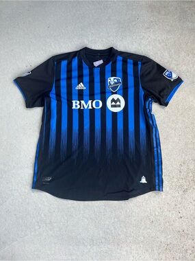 adidas Black and Blue Striped Soccer Jersey